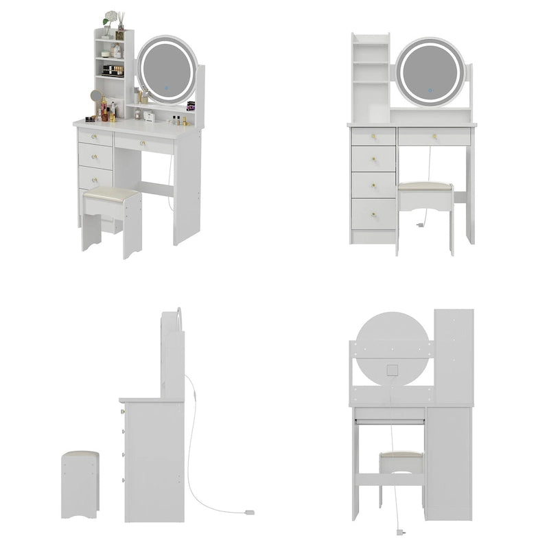 31.5 Wide Makeup Vanity Set with Stool, Mirror,3 Color Light - 31.5W-12
