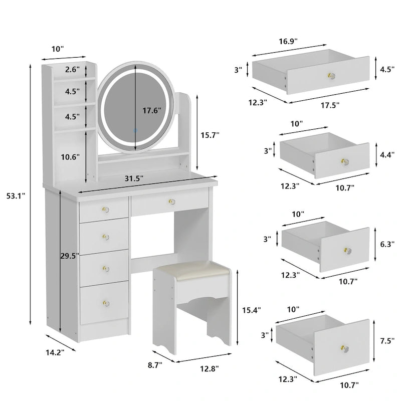 31.5 Wide Makeup Vanity Set with Stool, Mirror,3 Color Light - 31.5W-15