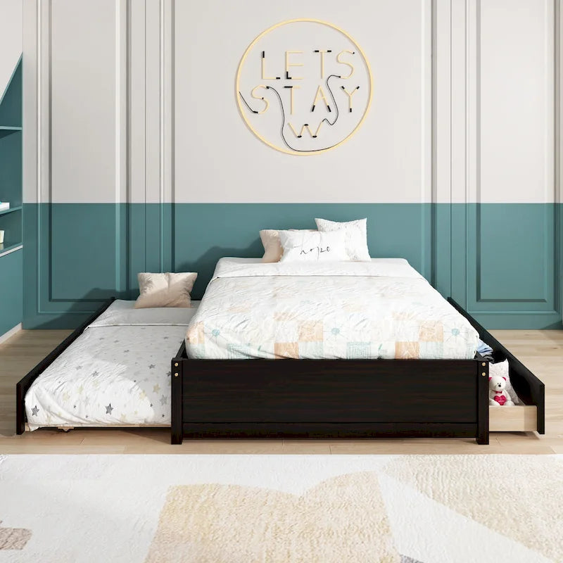 Full Bed Frame With Twin Trundle and 2 Drawers