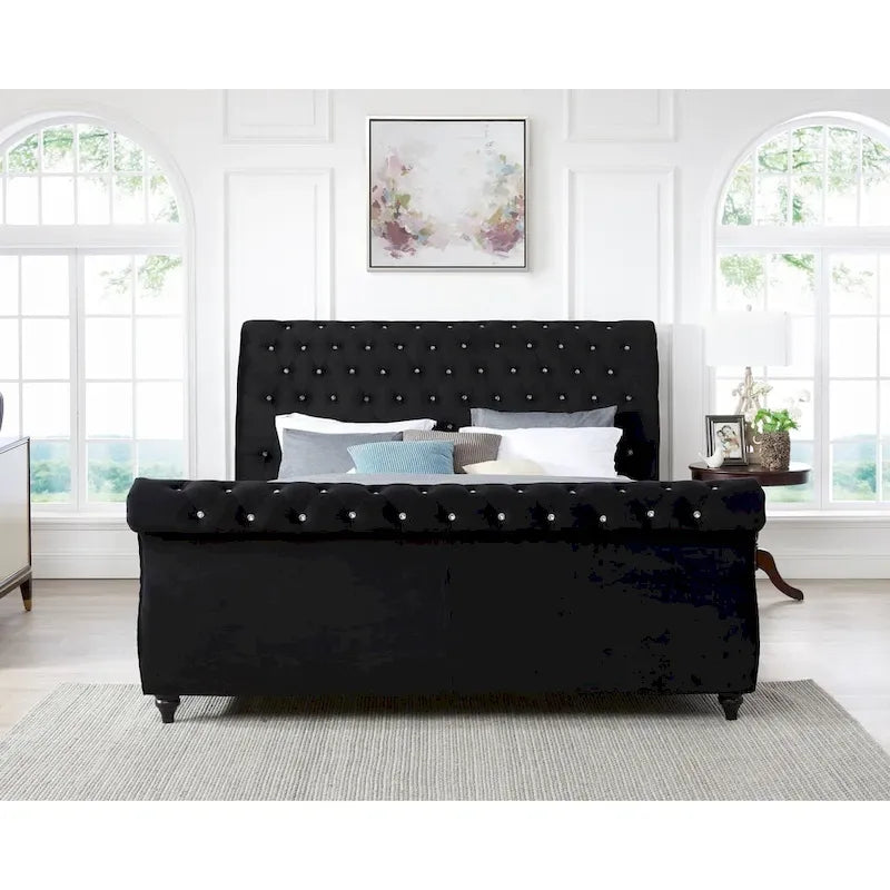 Gracewood Hollow Trivedi Black Velvet Crystal Button-tufted Sleigh Bed-2