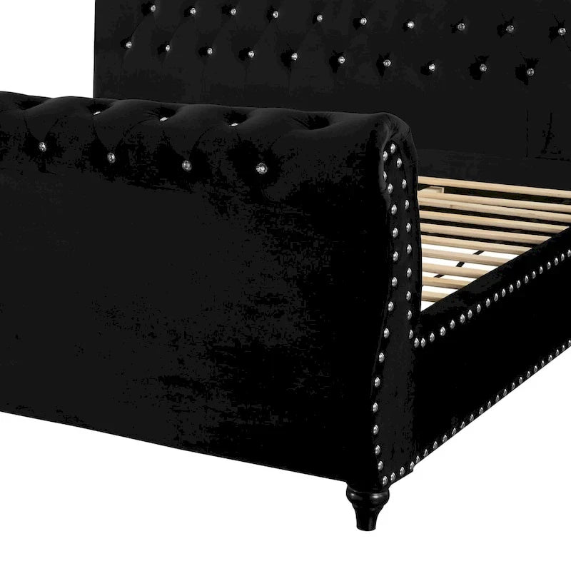 Gracewood Hollow Trivedi Black Velvet Crystal Button-tufted Sleigh Bed-4