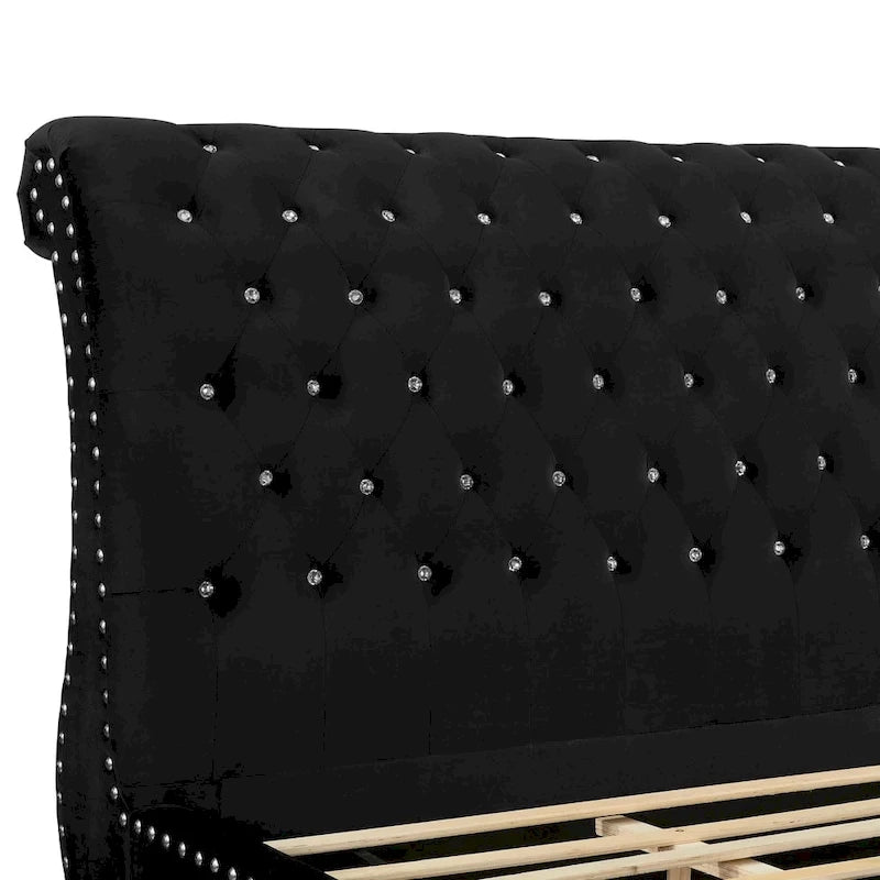 Gracewood Hollow Trivedi Black Velvet Crystal Button-tufted Sleigh Bed-5