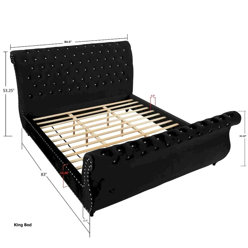 Gracewood Hollow Trivedi Black Velvet Crystal Button-tufted Sleigh Bed-7