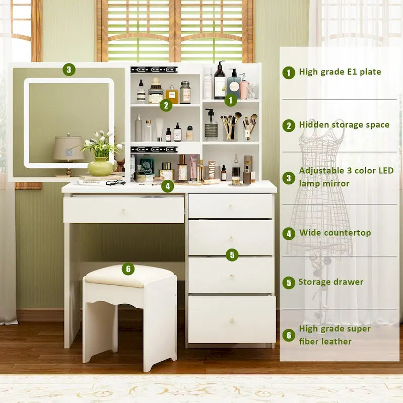 39.4Wide Makeup Vanity Set with Stool and Touching Light Mirror - 39.4W