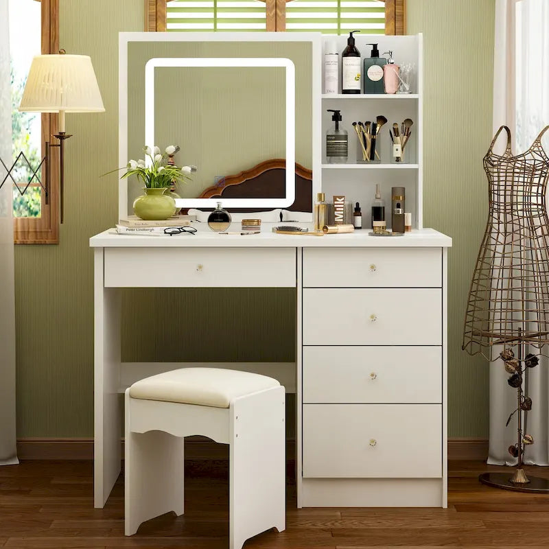 39.4Wide Makeup Vanity Set with Stool and Touching Light Mirror - 39.4W-2