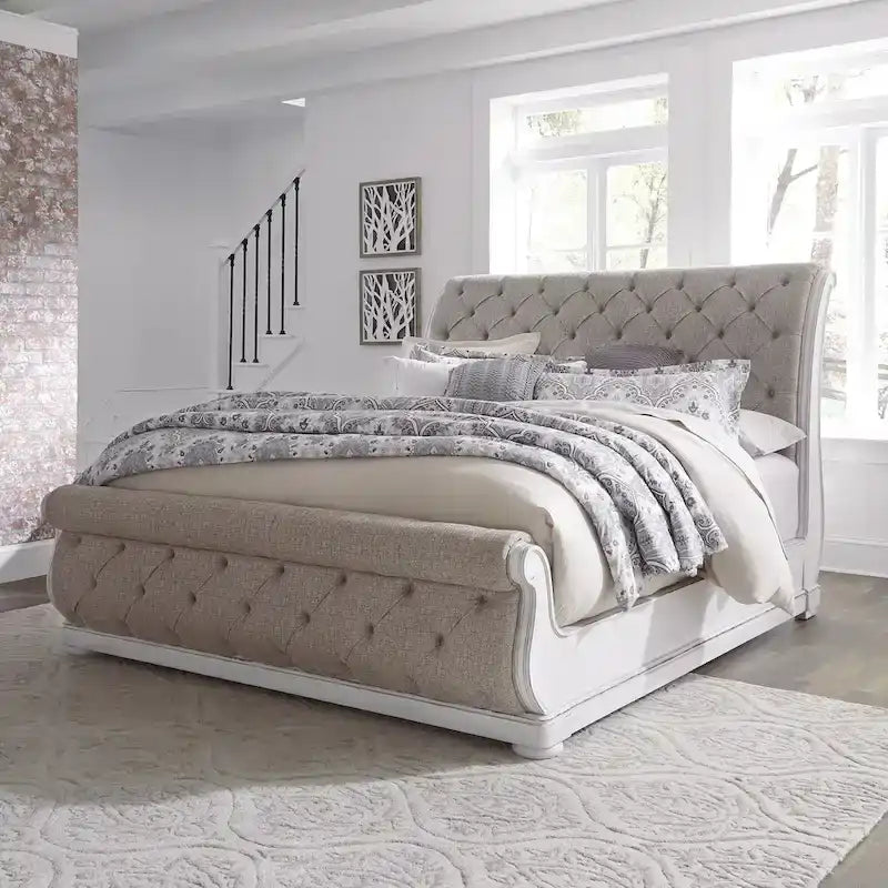 Magnolia Manor Antique White King Upholstered Sleigh Bed