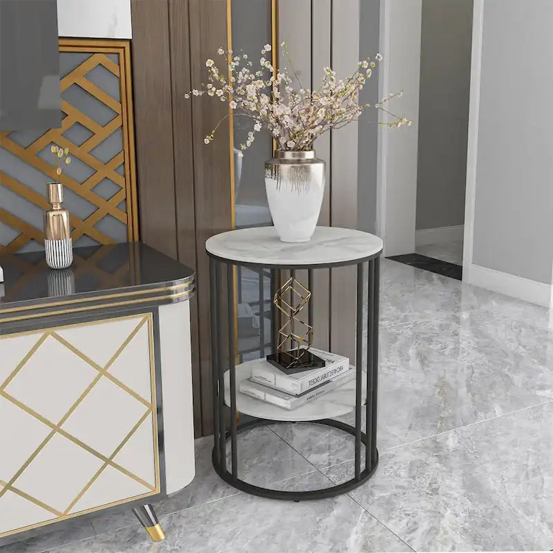 Tall Frame End Table Sintered Stone Tabletop Nightstand Storage Shelf - 15.7x15.7x21.3 inch-11