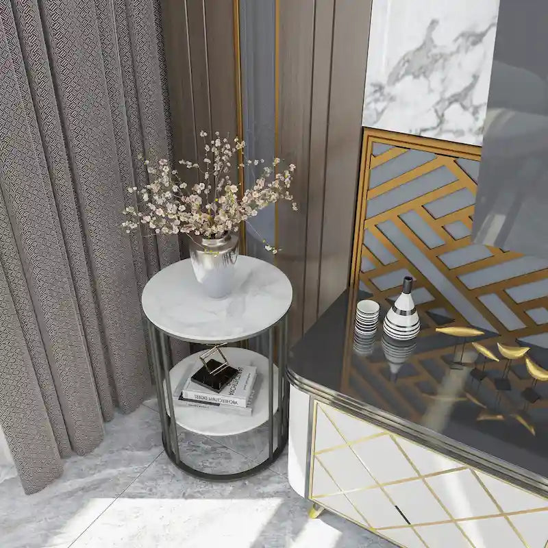 Tall Frame End Table Sintered Stone Tabletop Nightstand Storage Shelf - 15.7x15.7x21.3 inch-8