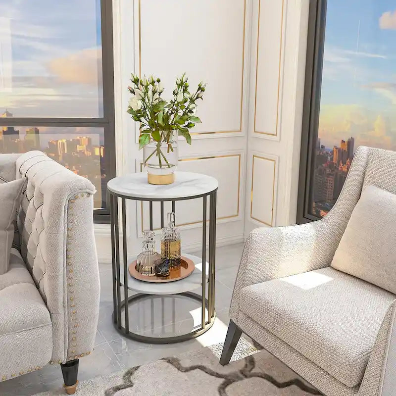 Tall Frame End Table Sintered Stone Tabletop Nightstand Storage Shelf - 15.7x15.7x21.3 inch-9