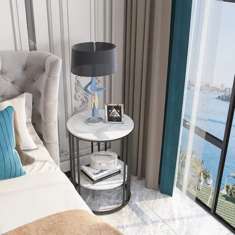 Tall Frame End Table Sintered Stone Tabletop Nightstand Storage Shelf - 15.7x15.7x21.3 inch-10