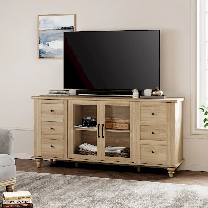 Glass Door Farmhouse TV Stand for TVs Up to 75 inch, Wood Universal TV Console Table-2