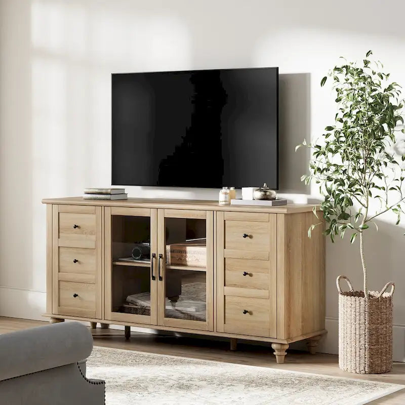 Glass Door Farmhouse TV Stand for TVs Up to 75 inch, Wood Universal TV Console Table-3
