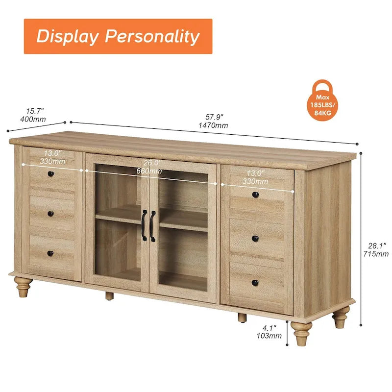 Glass Door Farmhouse TV Stand for TVs Up to 75 inch, Wood Universal TV Console Table-5