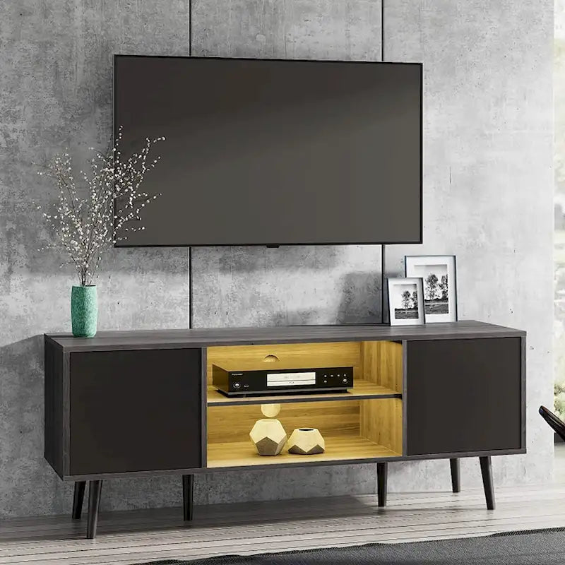 Mid Century Modern TV Stand 61.6 inch Black & Grey-19