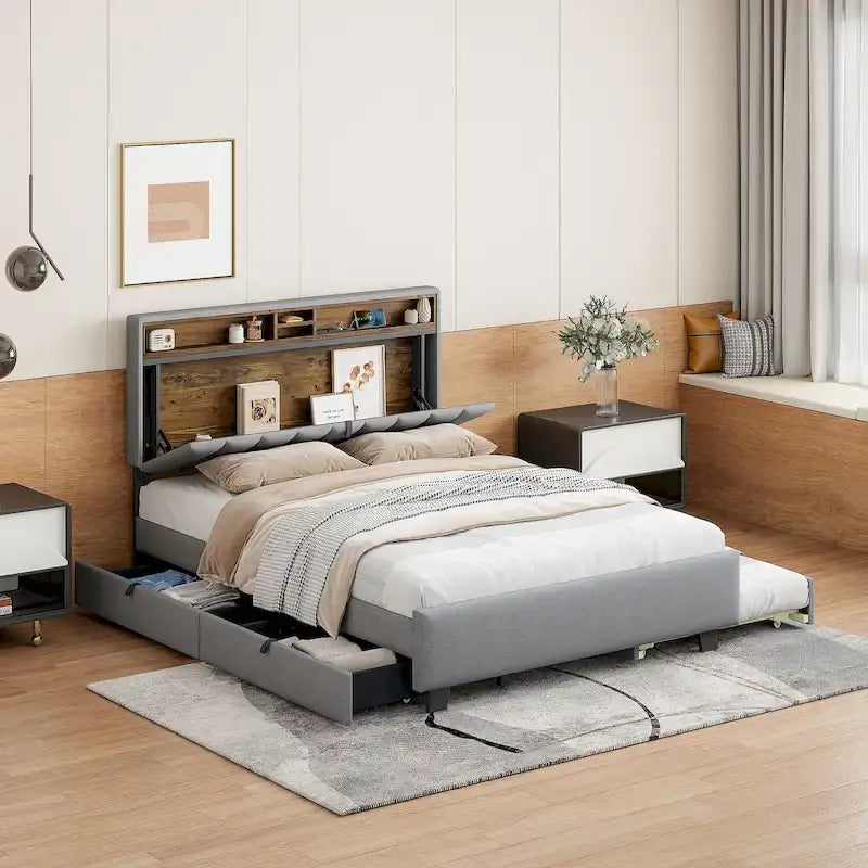 Upholstered Platform Bed with Storage Headboard-42