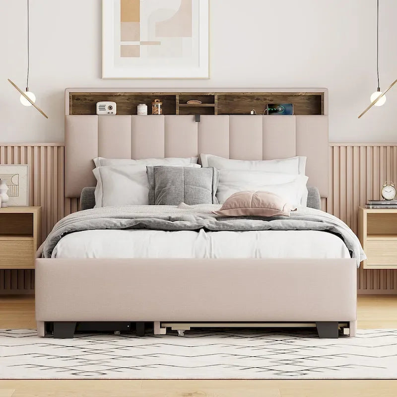 Upholstered Platform Bed with Storage Headboard-2