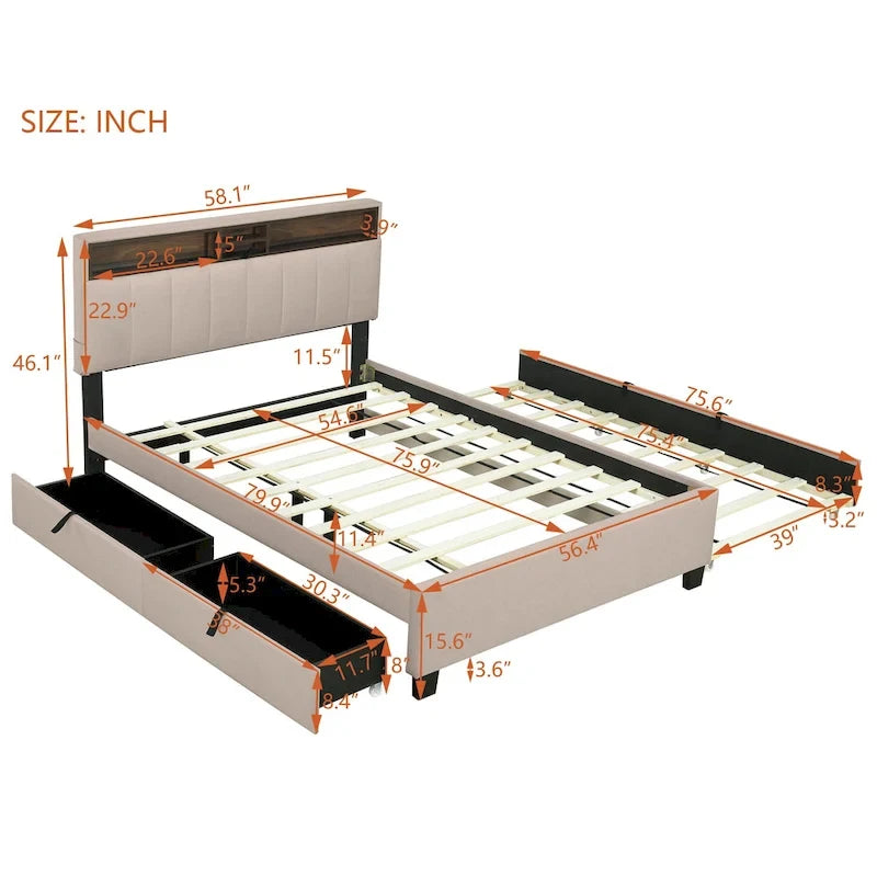 Upholstered Platform Bed with Storage Headboard-5