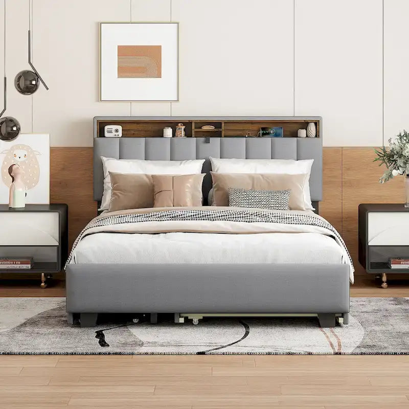 Upholstered Platform Bed with Storage Headboard-7