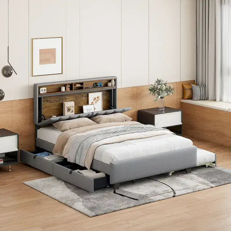 Upholstered Platform Bed with Storage Headboard-8