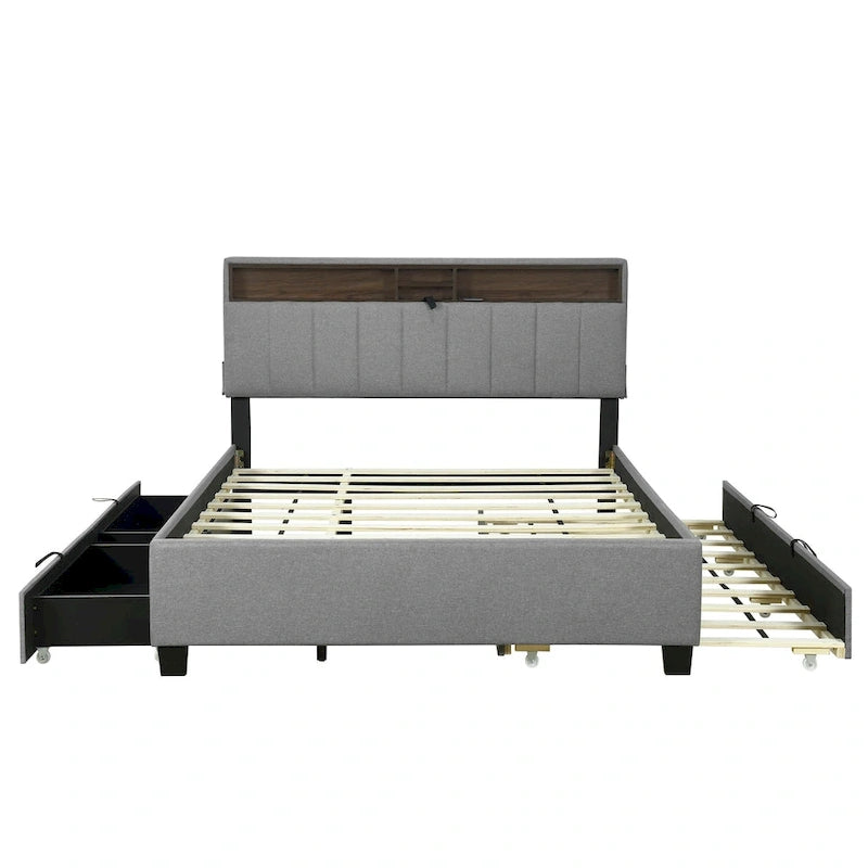 Upholstered Platform Bed with Storage Headboard-10