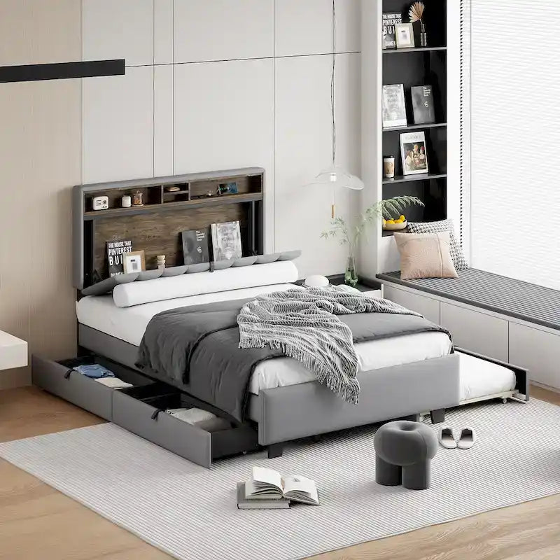 Upholstered Platform Bed with Storage Headboard-28