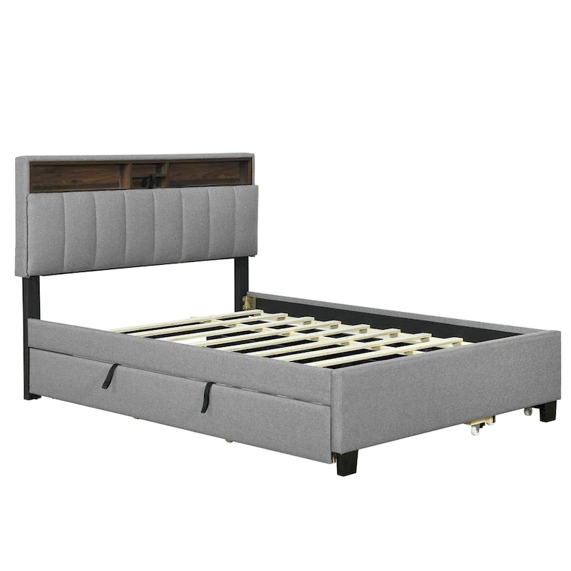 Upholstered Platform Bed with Storage Headboard-33