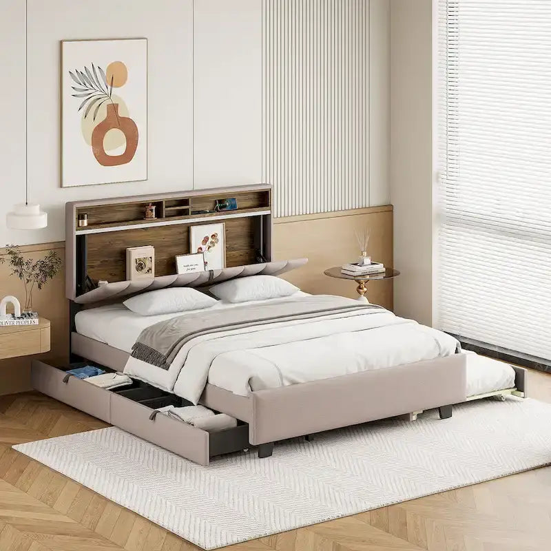 Upholstered Platform Bed with Storage Headboard-40