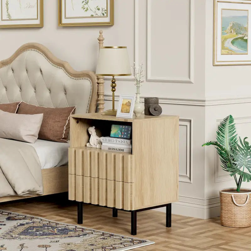 Mid Century Nightstand 2 Drawers & Storage Space Accent End Table Bedside Table-2