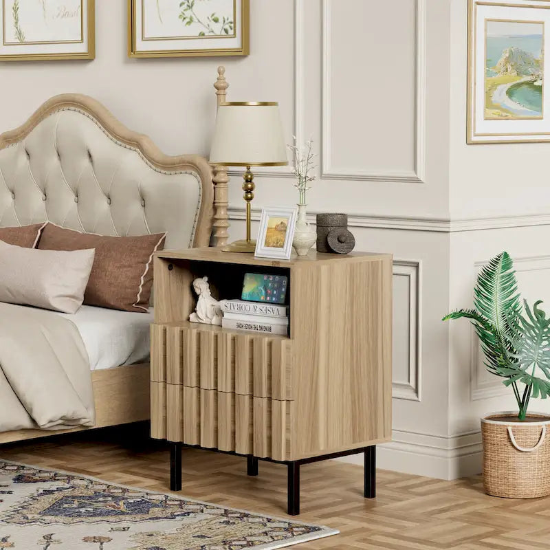 Mid Century Nightstand 2 Drawers & Storage Space Accent End Table Bedside Table-4