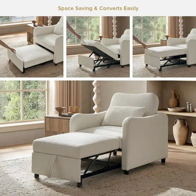 Curved Boucle Sleeper Chair 4-in-1 Convertible Single Bed-20