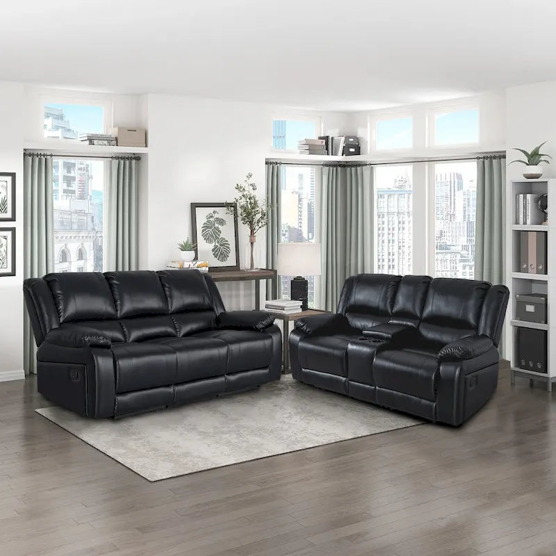 2-Piece Classic Faux Leather Manual Reclining Living Room Sofa Set with Console and Cup Holders-22