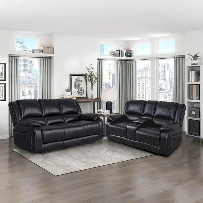 2-Piece Classic Faux Leather Manual Reclining Living Room Sofa Set with Console and Cup Holders