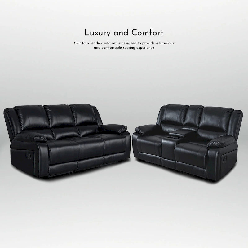 2-Piece Classic Faux Leather Manual Reclining Living Room Sofa Set with Console and Cup Holders-2