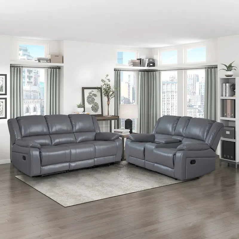 2-Piece Classic Faux Leather Manual Reclining Living Room Sofa Set with Console and Cup Holders-7