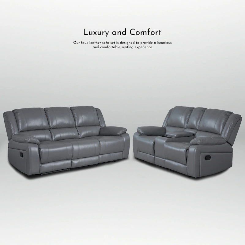 2-Piece Classic Faux Leather Manual Reclining Living Room Sofa Set with Console and Cup Holders-16