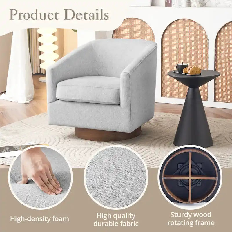 LUE BONA Modern Living Room Armchair Upholstered Wooden Barrel Swivel Accent Chair-19
