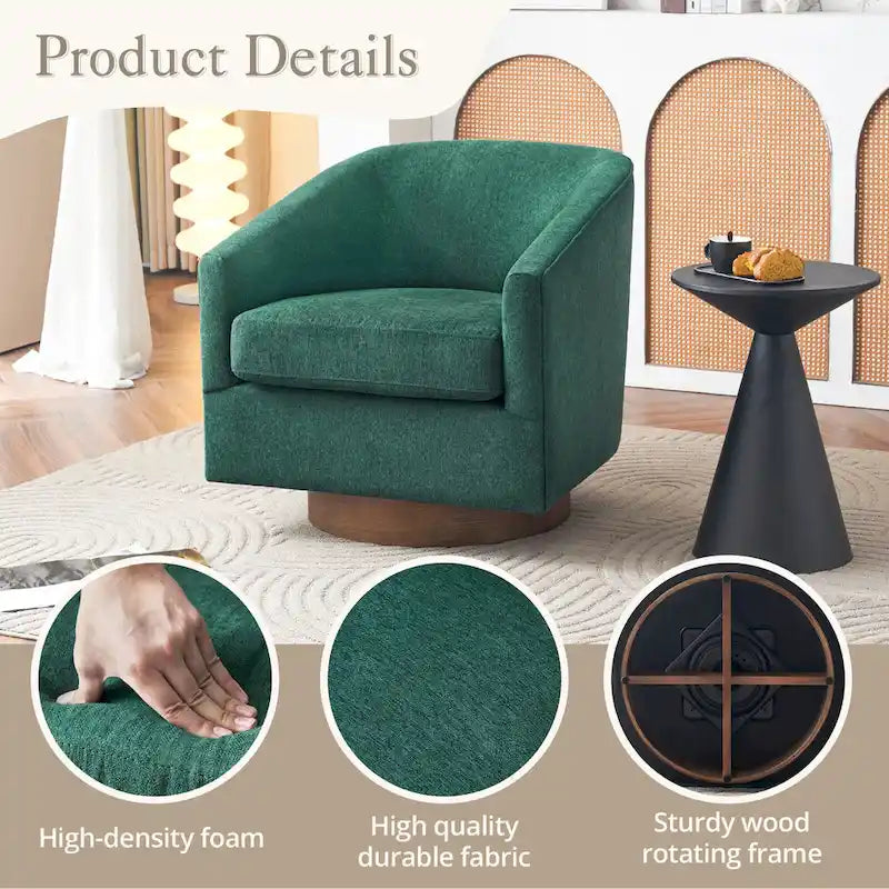 LUE BONA Modern Living Room Armchair Upholstered Wooden Barrel Swivel Accent Chair-26