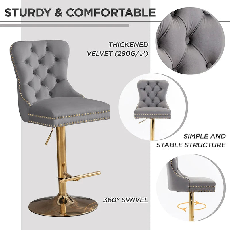 Velvet Swivel Bar Stool with Adjustable Height-3