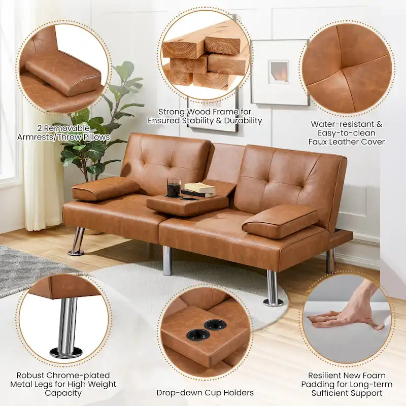 Yaheetech Faux Leather Convertible Futon Sofa Bed 3-In-1 Adjustable Futon Couch-9