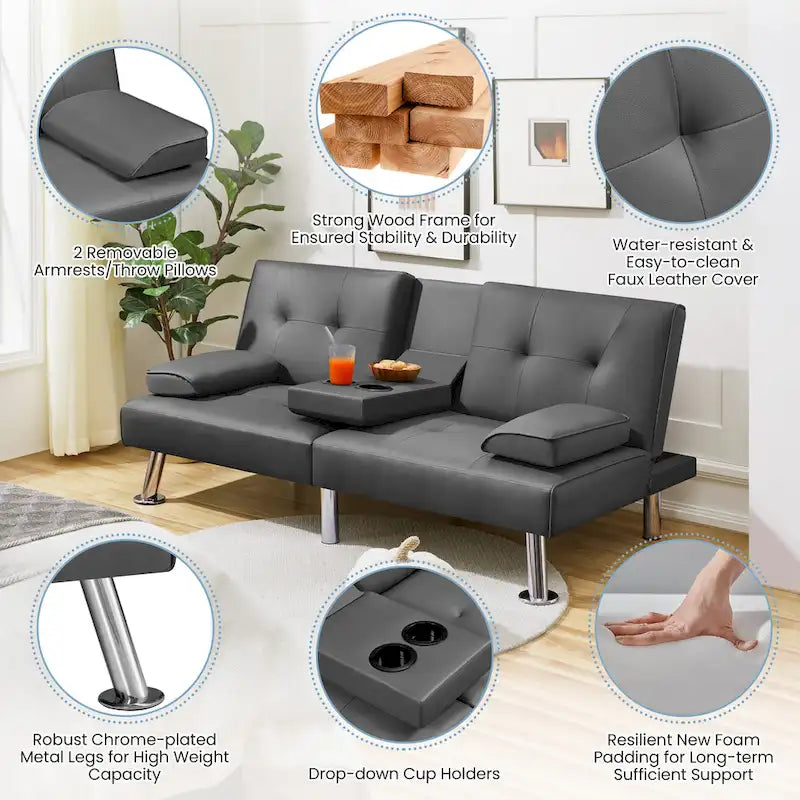 Yaheetech Faux Leather Convertible Futon Sofa Bed 3-In-1 Adjustable Futon Couch-15