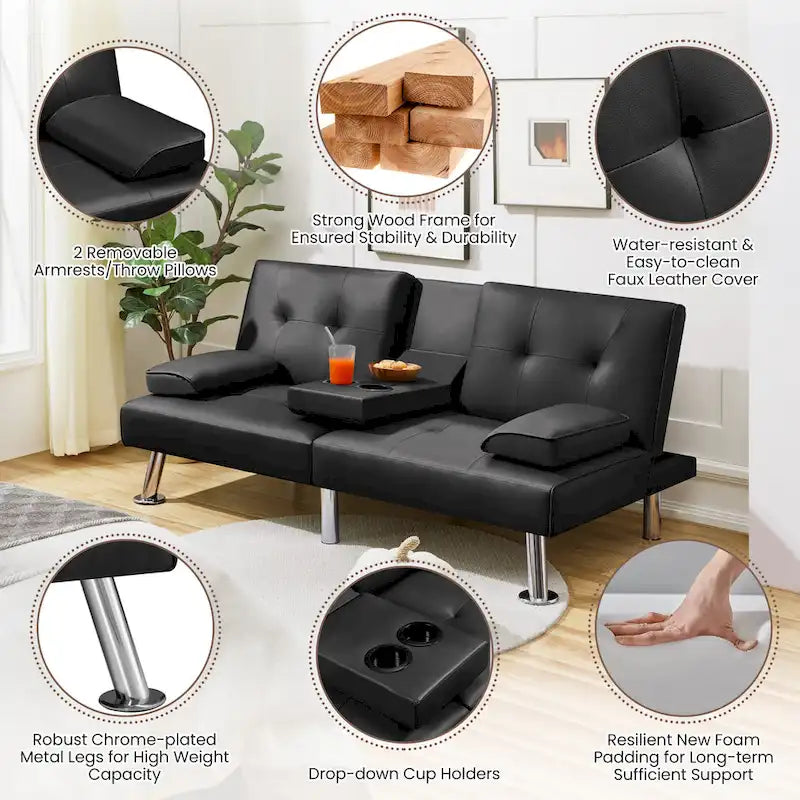 Yaheetech Faux Leather Convertible Futon Sofa Bed 3-In-1 Adjustable Futon Couch-21