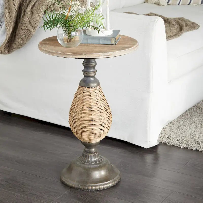 Wood Accent Table with Black Metal and Rattan Base - Brown or White - Roche River Decor