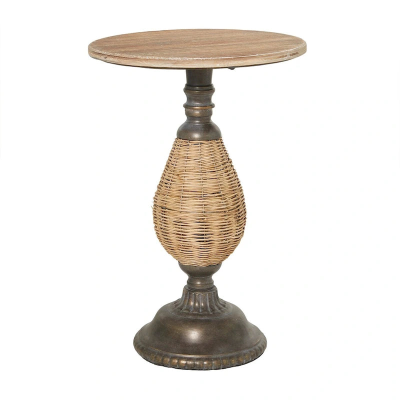 Wood Accent Table with Black Metal and Rattan Base - Brown or White - Roche River Decor-3