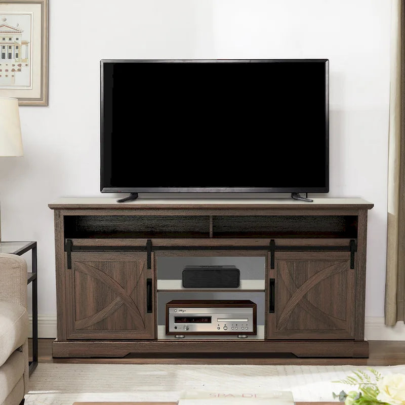 68 Walnut Sliding Barn Door TV Stand Console with Storage Open Compartment