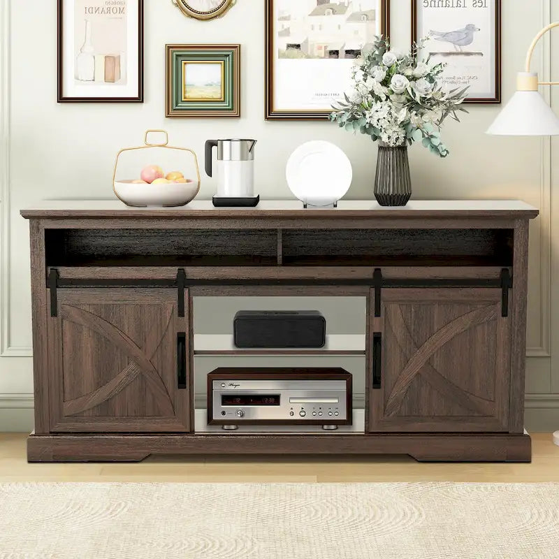 68 Walnut Sliding Barn Door TV Stand Console with Storage Open Compartment-2