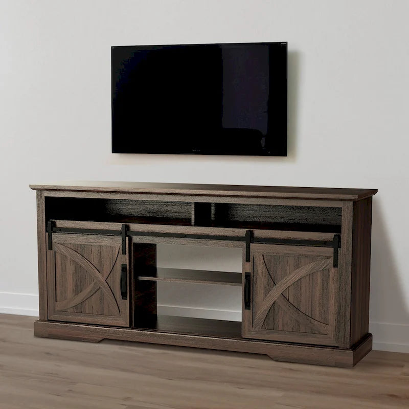 68 Walnut Sliding Barn Door TV Stand Console with Storage Open Compartment-3