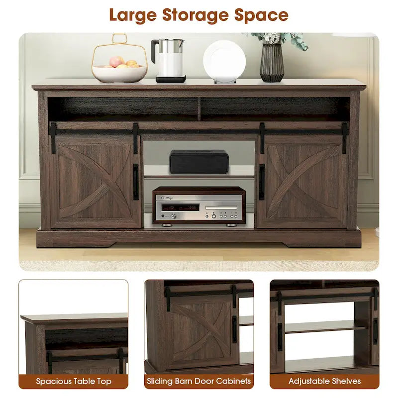 68 Walnut Sliding Barn Door TV Stand Console with Storage Open Compartment-5