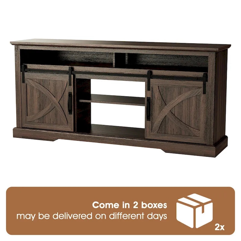 68 Walnut Sliding Barn Door TV Stand Console with Storage Open Compartment-6