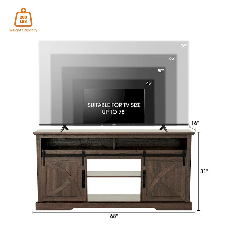 68 Walnut Sliding Barn Door TV Stand Console with Storage Open Compartment-7