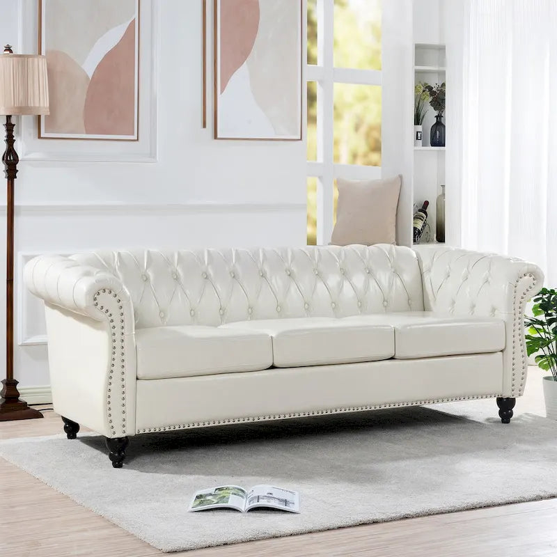 Cream 3-Seater Chesterfield Sofa, 84.65" PU Leather-2